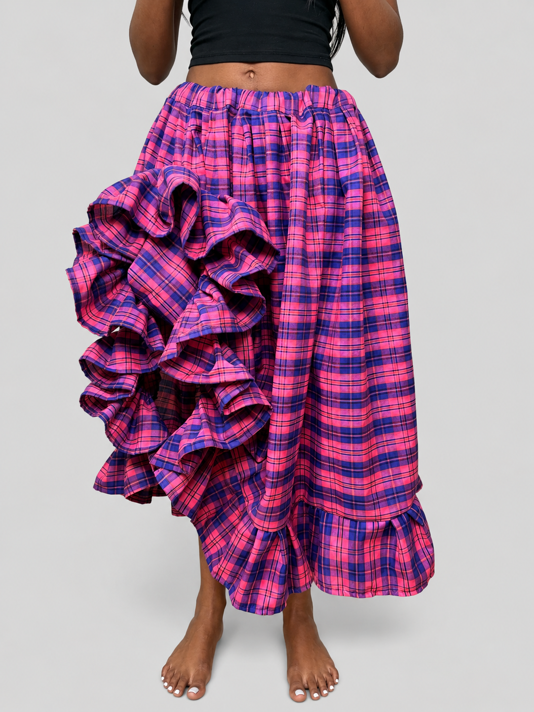 VOLUME RUFFLE CHECK SKIRT