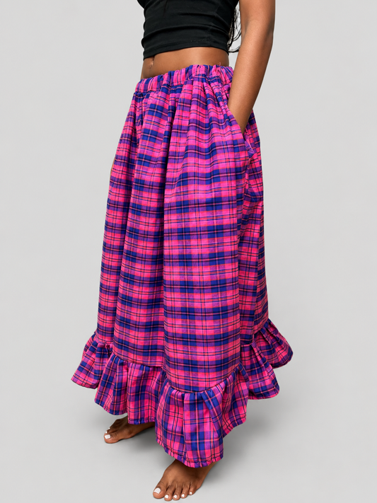 VOLUME RUFFLE CHECK SKIRT