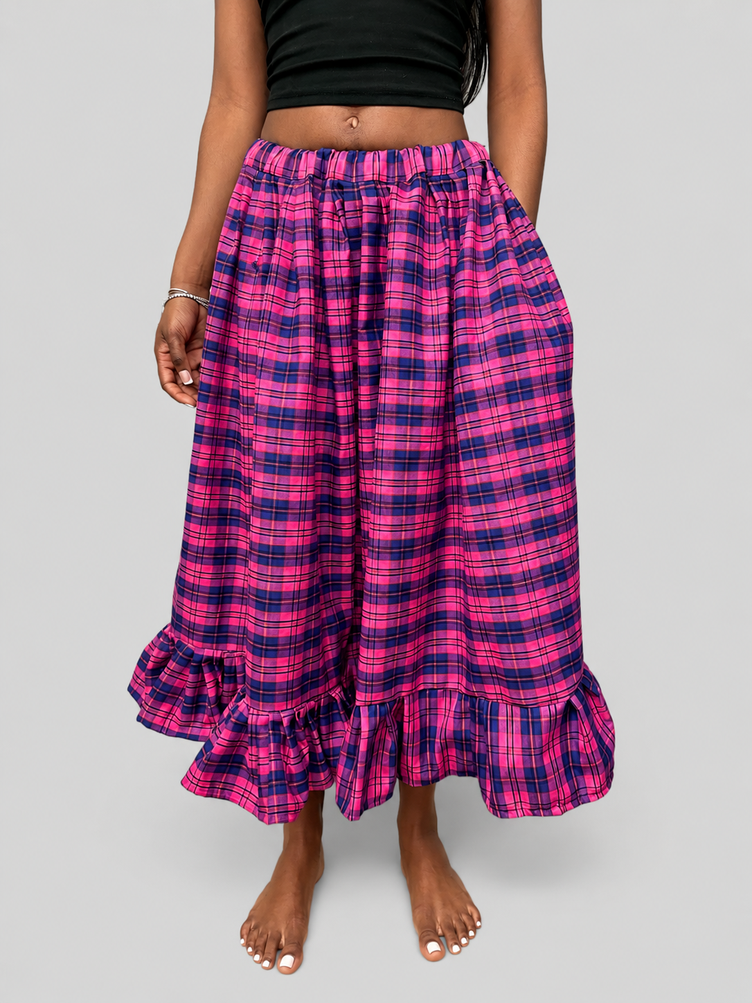 VOLUME RUFFLE CHECK SKIRT